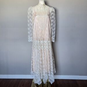 Jessica McClintock Vintage 80s Lace Drop-Waist Puff Sleeve Asymmetrical Hem Gown